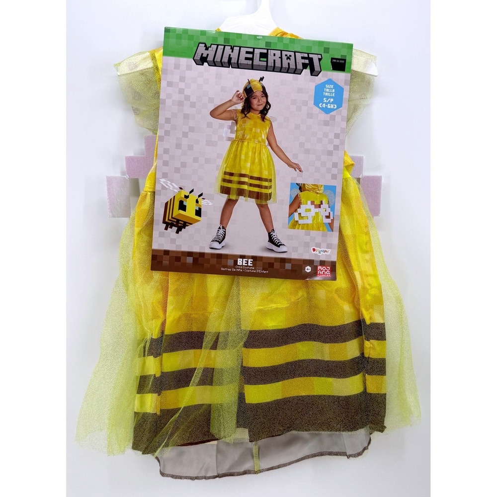 Minecraft Bee Costume Kids Small 4-6x Girls Dress Wings Headband Disguise Yellow